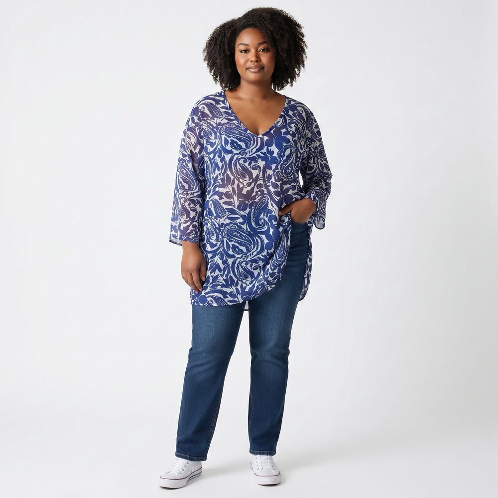 Liz Claiborne Womens Top Sheer XL Blue Paisley Relaxed Travel Comfortable Boxy